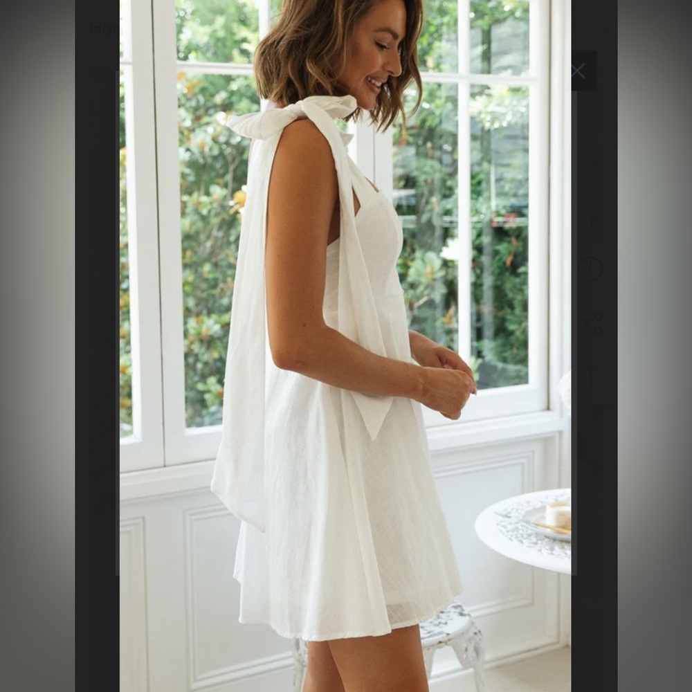 White Cotton Linen Tie Strap Babydoll Dress - Picture 11 of 14